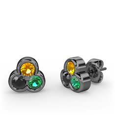 Mini Tria Küpe - Sitrin, siyah zirkon ve yeşil kuvars 925 ayar siyah rodyum kaplama gümüş küpe #1hfv8gt