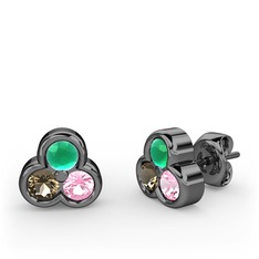 Mini Tria Küpe - Kök zümrüt, dumanlı kuvars ve pembe kuvars 925 ayar siyah rodyum kaplama gümüş küpe #1hkjehn