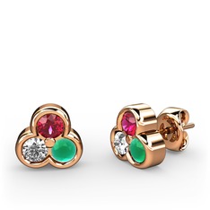 Mini Tria Küpe - Rodolit garnet, swarovski ve kök zümrüt 18 ayar rose altın küpe #1i47r6k