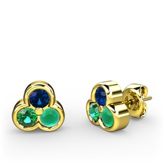 Mini Tria Küpe - Lab safir, yeşil kuvars ve kök zümrüt 14 ayar altın küpe #1ido3vk