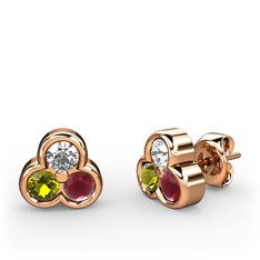 Swarovski, peridot ve kök yakut 18 ayar rose altın küpe