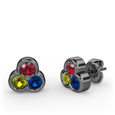 Mini Tria Küpe - Garnet, peridot ve lab safir 925 ayar siyah rodyum kaplama gümüş küpe #1imtkpr