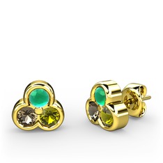 Mini Tria Küpe - Kök zümrüt, dumanlı kuvars ve peridot 8 ayar altın küpe #1ioldqv