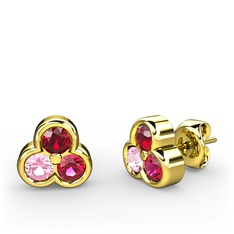 Mini Tria Küpe - Garnet, pembe kuvars ve rodolit garnet 8 ayar altın küpe #1iu3c9t