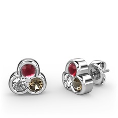 Mini Tria Küpe - Kök yakut, swarovski ve dumanlı kuvars 8 ayar beyaz altın küpe #1iwtg8d