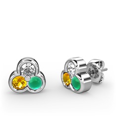 Mini Tria Küpe - Swarovski, sitrin ve kök zümrüt 8 ayar beyaz altın küpe #1j4638r