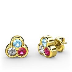 Akuamarin, pırlanta ve rodolit garnet 8 ayar altın küpe (0.22 karat)