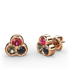 Mini Tria Küpe - Rodolit garnet, dumanlı kuvars ve siyah zirkon 18 ayar rose altın küpe #1jefx8o