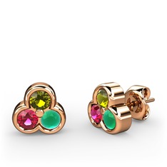 Mini Tria Küpe - Peridot, rodolit garnet ve kök zümrüt 18 ayar rose altın küpe #1jkz2bl