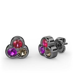 Mini Tria Küpe - Rodolit garnet, ametist ve dumanlı kuvars 925 ayar siyah rodyum kaplama gümüş küpe #1jlfhpk