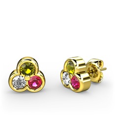 Mini Tria Küpe - Peridot, pırlanta ve rodolit garnet 8 ayar altın küpe (0.22 karat) #1jo1nis