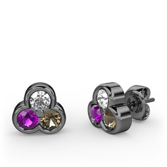 Mini Tria Küpe - Pırlanta, ametist ve dumanlı kuvars 925 ayar siyah rodyum kaplama gümüş küpe (0.22 karat) #1jpkv80