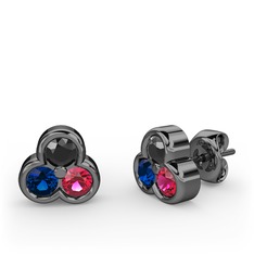 Mini Tria Küpe - Siyah zirkon, lab safir ve rodolit garnet 925 ayar siyah rodyum kaplama gümüş küpe #1jwxreb