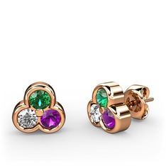 Mini Tria Küpe - Yeşil kuvars, beyaz zirkon ve ametist 18 ayar rose altın küpe #1k73xz6