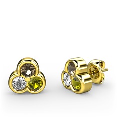 Mini Tria Küpe - Dumanlı kuvars, pırlanta ve peridot 8 ayar altın küpe (0.22 karat) #1kbx8nr