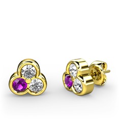 Mini Tria Küpe - Pırlanta, ametist ve swarovski 8 ayar altın küpe (0.22 karat) #1ktr270