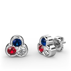 Mini Tria Küpe - Lab safir, garnet ve beyaz zirkon 14 ayar beyaz altın küpe #1kw13p0