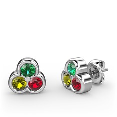 Mini Tria Küpe - Yeşil kuvars, peridot ve garnet 18 ayar beyaz altın küpe #1ldaa02