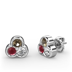 Mini Tria Küpe - Dumanlı kuvars, kök yakut ve swarovski 14 ayar beyaz altın küpe #1lg4j8l