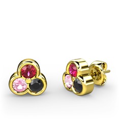 Mini Tria Küpe - Rodolit garnet, pembe kuvars ve siyah zirkon 8 ayar altın küpe #1lkis32