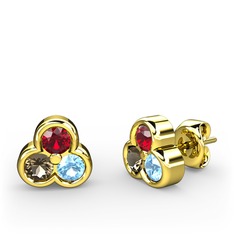 Mini Tria Küpe - Garnet, dumanlı kuvars ve akuamarin 8 ayar altın küpe #1lqiogl