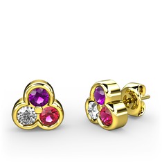 Ametist, pırlanta ve rodolit garnet 8 ayar altın küpe (0.22 karat)