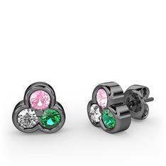 Mini Tria Küpe - Pembe kuvars, beyaz zirkon ve yeşil kuvars 925 ayar siyah rodyum kaplama gümüş küpe #1lx718d