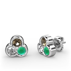 Mini Tria Küpe - Dumanlı kuvars, swarovski ve kök zümrüt 925 ayar gümüş küpe #1m6r029