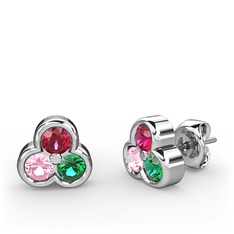 Mini Tria Küpe - Rodolit garnet, pembe kuvars ve yeşil kuvars 18 ayar beyaz altın küpe #1mat0r