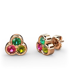 Mini Tria Küpe - Yeşil kuvars, rodolit garnet ve peridot 14 ayar rose altın küpe #1mdesur