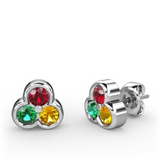 Mini Tria Küpe - Garnet, yeşil kuvars ve sitrin 14 ayar beyaz altın küpe #1mew84p