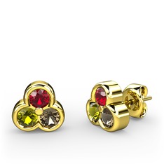 Garnet, peridot ve dumanlı kuvars 18 ayar altın küpe