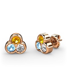 Mini Tria Küpe - Sitrin, akuamarin ve pırlanta 14 ayar rose altın küpe (0.22 karat) #1mnpsjl