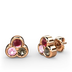 Mini Tria Küpe - Kök yakut, pembe kuvars ve dumanlı kuvars 18 ayar rose altın küpe #1n0xe70