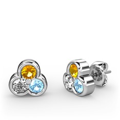Sitrin, swarovski ve akuamarin 8 ayar beyaz altın küpe