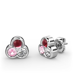 Mini Tria Küpe - Kök yakut, pembe kuvars ve swarovski 18 ayar beyaz altın küpe #1nvq4zt