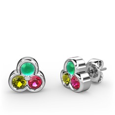 Kök zümrüt, peridot ve rodolit garnet 14 ayar beyaz altın küpe