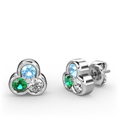 Mini Tria Küpe - Akuamarin, yeşil kuvars ve swarovski 8 ayar beyaz altın küpe #1o0x6de