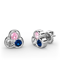 Mini Tria Küpe - Pembe kuvars, swarovski ve lab safir 18 ayar beyaz altın küpe #1oc866u