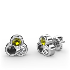 Peridot, siyah zirkon ve swarovski 8 ayar beyaz altın küpe