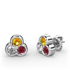 Mini Tria Küpe - Sitrin, swarovski ve kök yakut 18 ayar beyaz altın küpe #1odx3q8