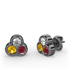 Mini Tria Küpe - Swarovski, sitrin ve kök yakut 925 ayar siyah rodyum kaplama gümüş küpe #1ohxrow