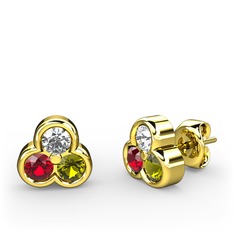 Beyaz zirkon, garnet ve peridot 14 ayar altın küpe