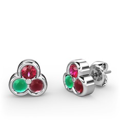 Mini Tria Küpe - Rodolit garnet, kök zümrüt ve kök yakut 14 ayar beyaz altın küpe #1p1lad5