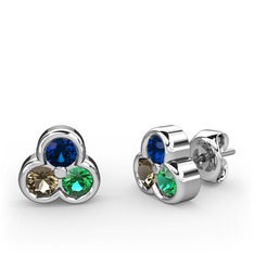 Mini Tria Küpe - Lab safir, dumanlı kuvars ve yeşil kuvars 18 ayar beyaz altın küpe #1p4mvp4