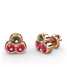 Dumanlı kuvars ve rodolit garnet 8 ayar rose altın küpe