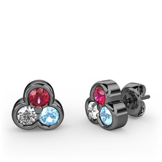 Rodolit garnet, pırlanta ve akuamarin 925 ayar siyah rodyum kaplama gümüş küpe (0.22 karat)