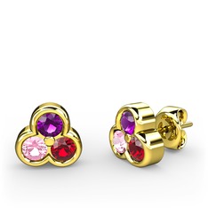 Ametist, pembe kuvars ve garnet 18 ayar altın küpe