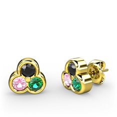 Siyah zirkon, pembe kuvars ve yeşil kuvars 18 ayar altın küpe