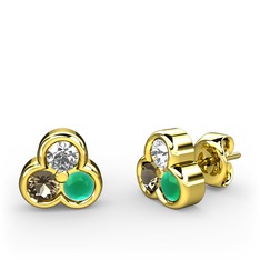 Mini Tria Küpe - Pırlanta, dumanlı kuvars ve kök zümrüt 14 ayar altın küpe (0.22 karat) #1pi3e0x